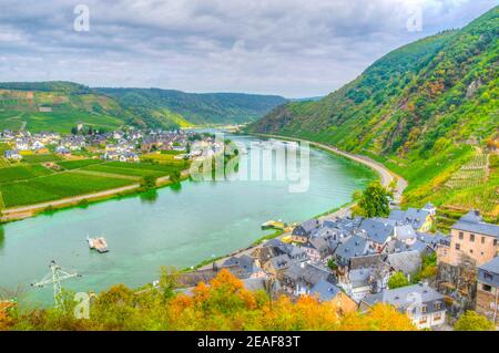 Veduta aerea di Beilstein da Burg Metternich, Germania Foto Stock