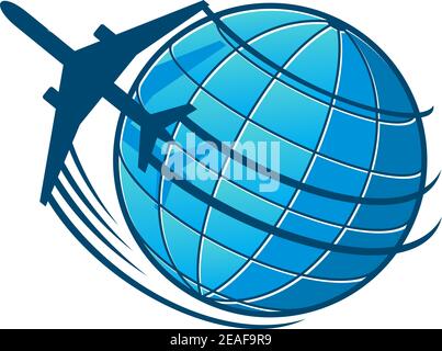 L'aereo vola intorno alla terra. Concetto di design del settore dei trasporti o dei viaggi Illustrazione Vettoriale