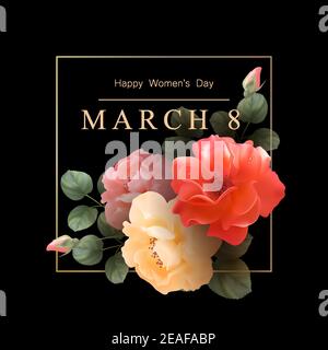 Donne giorno sfondo con cornice in oro e belle rose Illustrazione Vettoriale