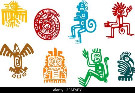 Simboli astratti di arte maya e azteca isolati su sfondo bianco Illustrazione Vettoriale