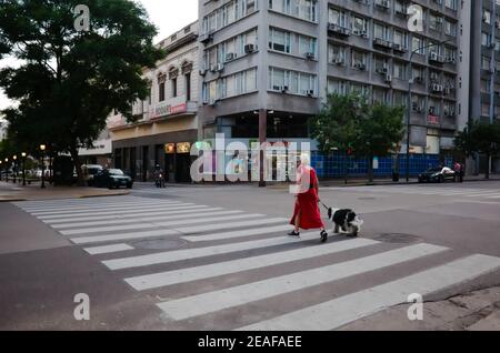 Buenos Aires, Argentina - Gennaio, 2020: Donna con grande cane che attraversa la strada pedonale a Buenos Aires Foto Stock