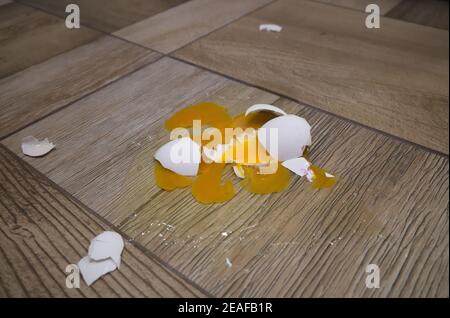 Uovo fresco rotto nel pavimento della cucina. La caduta dell'uovo si è rotta e si trova sul pavimento delle piastrelle. Foto Stock