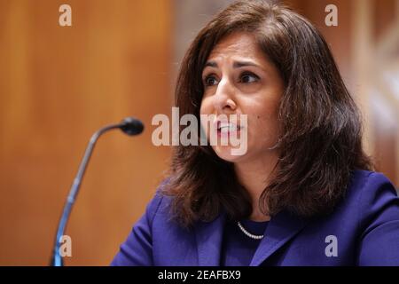 Congresso. 9 Feb 2021. Neera Tanden testimonia dinanzi alla commissione per la sicurezza interna e gli affari governativi del Senato sulla sua nomina a direttore dell'Ufficio di Gestione e bilancio (OMB), durante un'audizione al Campidoglio degli Stati Uniti a Washington, DC martedì 9 febbraio 2021. Tanden è stato nominato dal presidente Joe Biden ed è responsabile della presentazione del bilancio del presidente al congresso. Credit: Leigh Vogel/Pool via CNP | Usage worldwide Credit: dpa/Alamy Live News Foto Stock