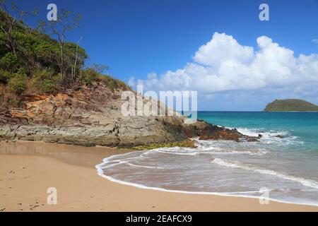 Spiaggia sabbiosa di Guadalupa dell'isola basse-Terre. Paesaggio di vacanza dei Caraibi. Spiaggia di Tillet (Plage de Tillet). Foto Stock