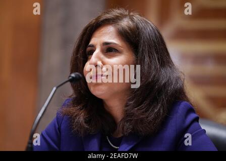 Congresso. 9 Feb 2021. Neera Tanden testimonia dinanzi alla commissione per la sicurezza interna e gli affari governativi del Senato sulla sua nomina a direttore dell'Ufficio di Gestione e bilancio (OMB), durante un'audizione al Campidoglio degli Stati Uniti a Washington, DC martedì 9 febbraio 2021. Tanden è stato nominato dal presidente Joe Biden ed è responsabile della presentazione del bilancio del presidente al congresso. Credit: Leigh Vogel/Pool via CNP | Usage worldwide Credit: dpa/Alamy Live News Foto Stock