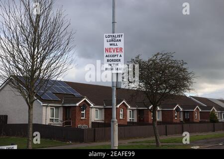 Un segno Loyalist a Lurgan, Contea di Armagh circa l'accordo di Belfast. I controlli post-Brexit in tutti i porti del Nord IrelandÕs riprenderanno da mercoledì. Data immagine: Martedì 9 febbraio 2021. Foto Stock