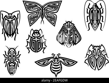Tatuaggi di insetti in stile tribale isolati su sfondo bianco Illustrazione Vettoriale