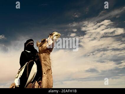 Tuareg uomo che cavalca il suo cammello, Tripolitania, Ghadames, Libia Foto Stock