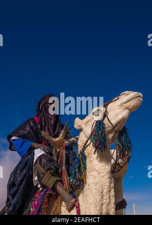 Tuareg uomo che cavalca il suo cammello, Tripolitania, Ghadames, Libia Foto Stock