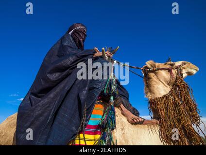 Tuareg uomo che cavalca il suo cammello, Tripolitania, Ghadames, Libia Foto Stock