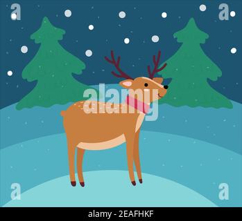 Carino renna di Natale con gli occhi aperti e sciarpa rossa nella foresta invernale. Alberi di Natale. Divertente animale disegnato a mano con punti marrone chiaro e gancio nero Illustrazione Vettoriale