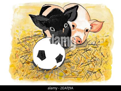 Acquerello reale mostra 2 piglet giocare. I maiali stanno giocando con una piccola palla di calcio. Hanno spazio in un fienile pieno di paglia. Foto Stock