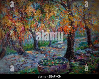 Arte pittura olio colore Multiply fiori in giardino , percorso dalla thailandia Foto Stock
