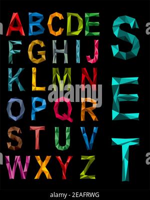 Sfaccettato completo alfabeto origami nei colori del arcobaleno in maiuscolo su sfondo nero Illustrazione Vettoriale