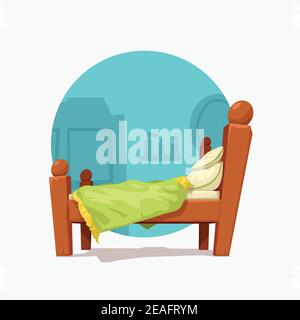 cartone animato colorato letto matrimoniale in legno blu retro Illustrazione Vettoriale