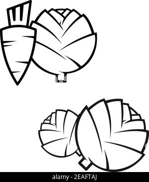 Disegno stilizzato in bianco e nero di carote intere, cavolo e carciofi freschi Illustrazione Vettoriale