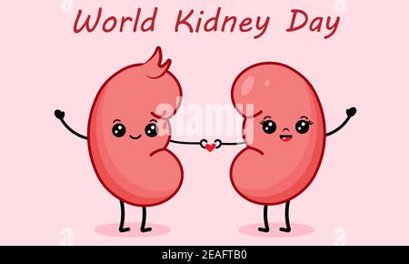 Coppia di carini personaggi di rene cartoni animati tengono il cuore per il World Kidney Day. Illustrazione vettoriale per banner, intestazione, poster, scheda, ecc. Illustrazione Vettoriale