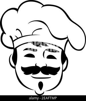 Chef sorridente che indossa un cappellino tradizionale o un cappello in tessuto bianco con baffi grossi e baffi bianchi e neri Illustrazione Vettoriale