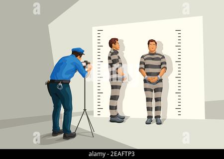 poliziotto che prende il colpo di mugshot di ladri a muro Illustrazione Vettoriale