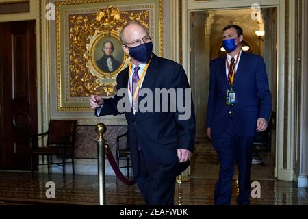 Washington, Stati Uniti. 09 febbraio 2021. David Schoen, avvocato dell'ex presidente Donald Trump, arriva per il secondo processo di impeachment di Trump al Senato, al Campidoglio di Washington, martedì 9 febbraio 2021. (Foto di Andrew Harnik/Pool/Sipa USA) Credit: Sipa USA/Alamy Live News Foto Stock