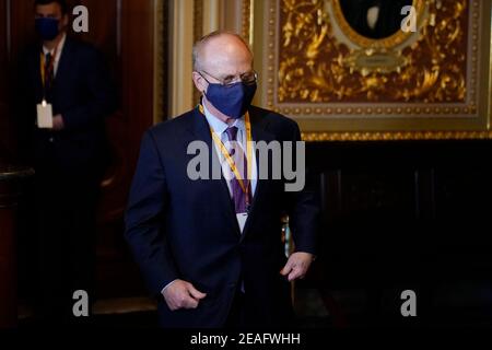 Washington, Stati Uniti. 09 febbraio 2021. David Schoen, avvocato dell'ex presidente Donald Trump, arriva per il secondo processo di impeachment di Trump al Senato, al Campidoglio di Washington, martedì 9 febbraio 2021. (Foto di Andrew Harnik/Pool/Sipa USA) Credit: Sipa USA/Alamy Live News Foto Stock