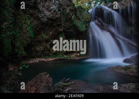 Cascata nella foresta. Carpazi. Acqua pulita. Rocce mussose. La Vaioaga, Banat, Romania. Foto Stock