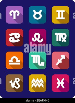 Colorato insieme di dodici icone piatte che mostrano i segni dello zodiaco in rilievo su uno sfondo blu, illustrazione vettoriale Illustrazione Vettoriale