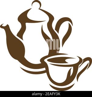 Schizzo vettoriale di una teiera e di un teachup o di un caffè pentola e tazza di caffè in marrone su un bianco sfondo Illustrazione Vettoriale