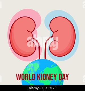 Giornata mondiale del rene. Illustrazione vettoriale di Cartoon Kidney e Terra. Design moderno e alla moda. Illustrazione Vettoriale