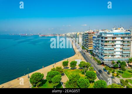 Vista aerea del lungomare di Salonicco dalla torre bianca, Grecia Foto Stock