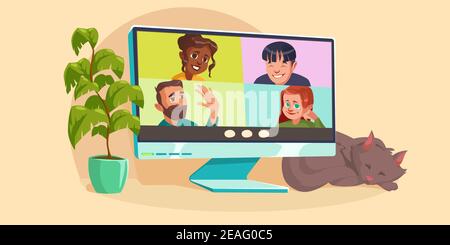 Videoconferenza virtuale online sul computer desktop con chat di gruppo. PC domestico con gatto dormiente e pianta. Incontri di colleghi o amici di affari, comunicazione a distanza, illustrazione di Cartoon Illustrazione Vettoriale