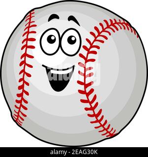 Cartoon vettore illustrazione di un divertente palla da baseball felice con cuciture colorate rosse e un volto sorridente isolato su bianco Illustrazione Vettoriale