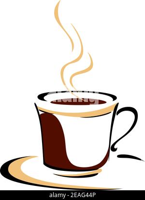 Deliziosa tazzina calda a vapore e piattino di caffè aromatico in tonalità di marrone su bianco, disegno vettoriale doodle Illustrazione Vettoriale