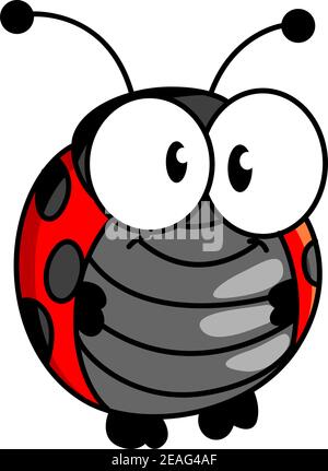 Rosso e nero macchiato sorridendo felice piccolo ladybug o ladybird in stile cartone animato in posizione verticale con grandi occhi rotondi sopra bianco Illustrazione Vettoriale