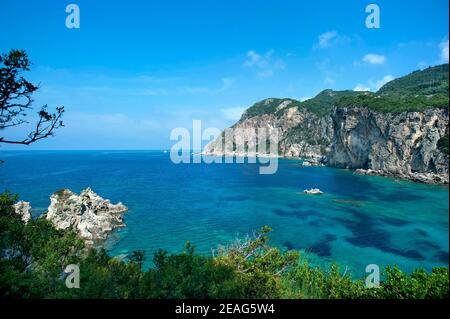 Paleokastritsa, Corfù, Isole IONIE, Grecia Foto Stock