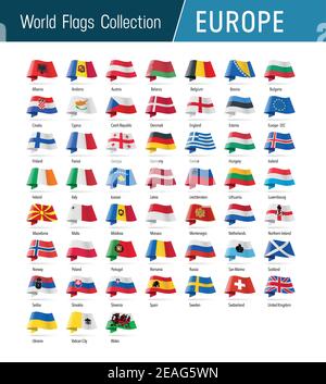 Bandiere d'Europa, che sventolano nel vento. Icone che indicano la posizione, l'origine, la lingua. Raccolta di bandiere mondiali vettoriali. Illustrazione Vettoriale