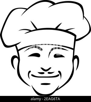 Doodle schizzo in bianco e nero di un sorriso felice chef con un baffi che indossa un tradizionale toque bianco Illustrazione Vettoriale