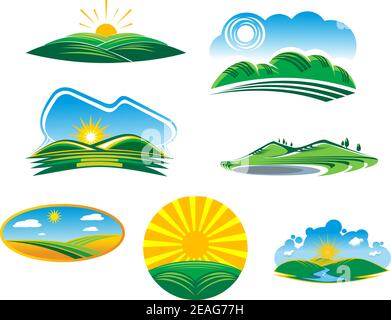 Insieme di sette diversi paesaggi estivi soleggiati con bellissimi campi verdi e colline crogiolandosi nei raggi del sole, illustrazioni vettoriali cartoni animati Illustrazione Vettoriale