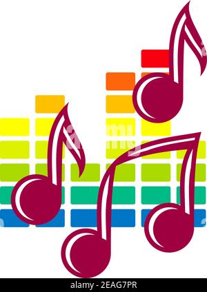 Icona colorata del festival o della festa con note musicali su schema di sfondo nei colori dell'arcobaleno isolato su bianco Illustrazione Vettoriale