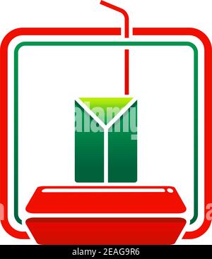 Icona del cibo da asporto o fast food con un contenitore di alimenti in polistirene stilizzato e una tazza con una cannuccia in una cornice quadrata in rosso e verde, illustratio vettoriale Illustrazione Vettoriale