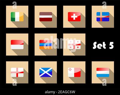 Icone bandiere di Irlanda, Lettonia, Svizzera, Georgia, Armenia, Polonia, Scozia, Inghilterra, Malta, Paesi Bassi in stile piatto lucido Illustrazione Vettoriale