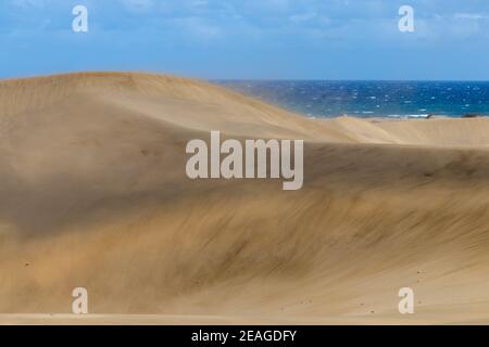 Le dune dorate si affacciano sull'oceano blu dell'isola di Gran Canaria In Spagna Foto Stock