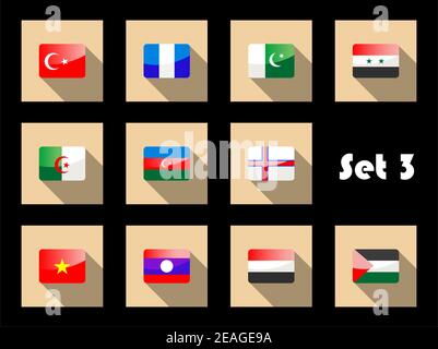 Set di icone a bandiera piatta dei paesi dell'Est di Turchia, Pakistan, Siria, Iran, Yemen, Azerbaigian, Thailandia, Vietnam per la progettazione Illustrazione Vettoriale