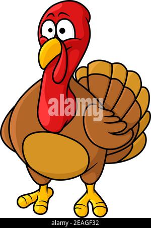 Divertente cartoon cartoon turchia in piedi di fronte allo spettatore con un'espressione bemused, illustrazione cartoon, per la vacanza di ringraziamento o disegno agricolo Illustrazione Vettoriale
