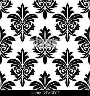 Audace motivo arabesco fogliame in bianco e nero in una ripetete un motivo senza cuciture adatto per tappezzeria e tessuti in stile damask design Illustrazione Vettoriale