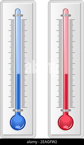 Due termometri, uno rosso caldo e uno blu freddo, entrambi mostrano lo stesso livello di mercurio per la misurazione della temperatura estiva e invernale, isolo Illustrazione Vettoriale