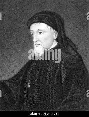 Chaucer, Geoffrey Chaucer (1340 – 1400) poeta e autore inglese. Ampiamente considerato il più grande poeta inglese del Medioevo, meglio conosciuto per i Canterbury Tales. Foto Stock