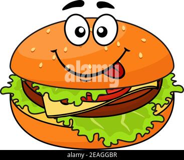 Gustoso cheeseburger carnoso su un panino di sesamo con lattuga leccando le labbra in previsione di un delizioso spuntino, illustrazione cartoon Illustrazione Vettoriale