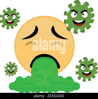 Illustrazione vettoriale del vomito emoticon, circondata da caratteri di cartoni animati covid-19 Illustrazione Vettoriale