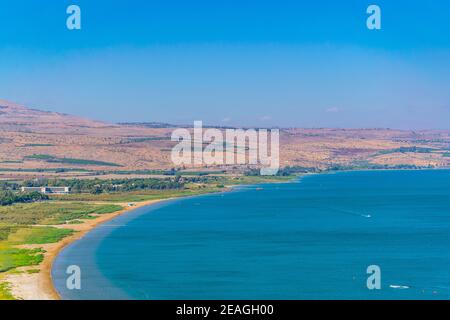 Mare di Galilea visto dal monte Arbel in Israele Foto Stock